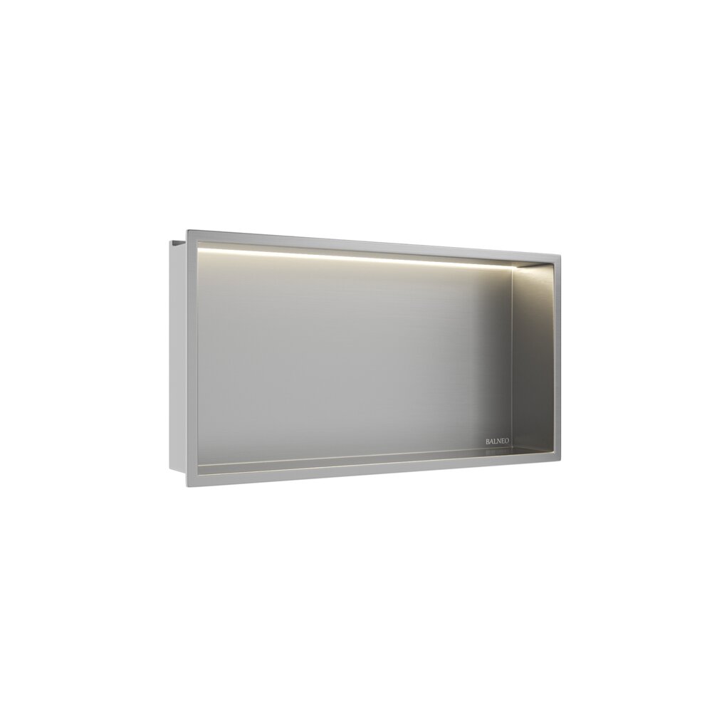 Вградена правоъгълна рафт Balneo Wall-Box One LED с рамка 60x30x10 cm инокс