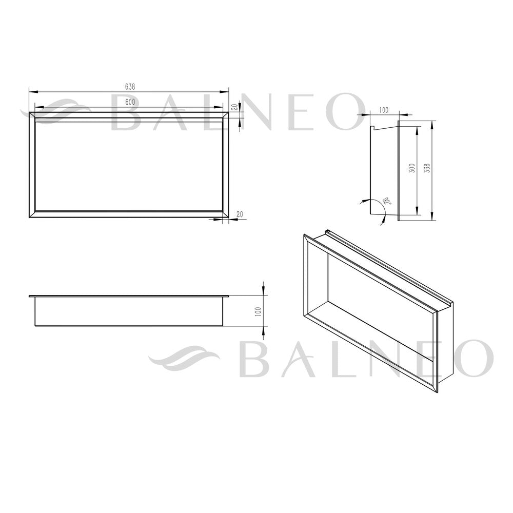 Вградена правоъгълна рафт Balneo Wall-Box One LED с рамка 60x30x10 cm инокс