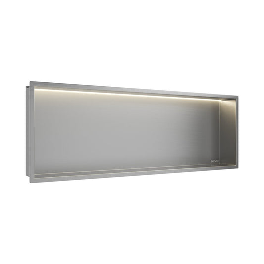 Вградена правоъгълна рафт Balneo Wall-Box One LED с рамка 90x30x10 cm инокс