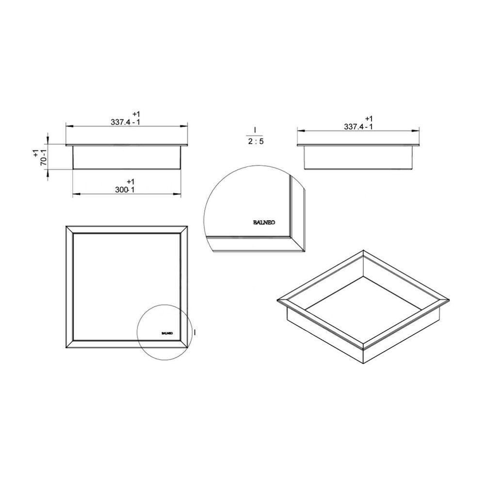 Вграден квадратен рафт Balneo Wall-Box 30x30x7 см без рамка от инокс