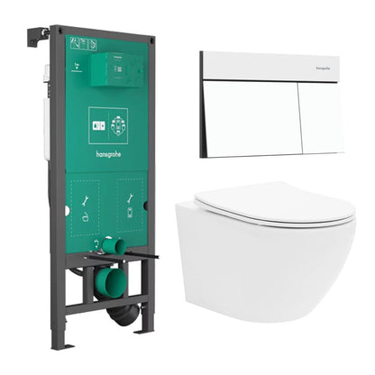 Вградена тоалетна чиния Hansgrohe iFrame 112 cm с бутон iFrame Element E бял мат и тоалетна чиния Rune Ivaldi бяла с капак softclose