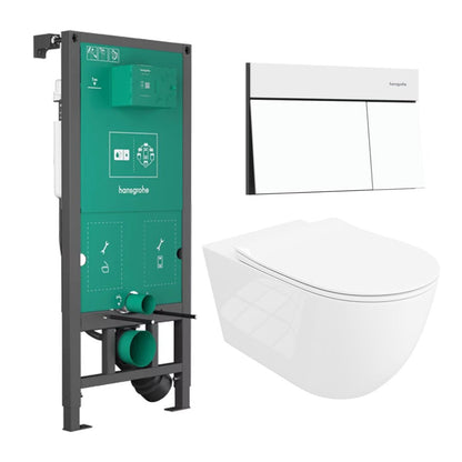 Вградена резервоар Hansgrohe iFrame 112 cm с бутон iFrame Element E бял мат и тоалетна чиния Rune Ivaldi Grande бяла с капак softclose