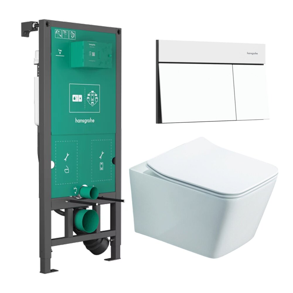 Вграден резервоар Hansgrohe iFrame 112 cm с бутон iFrame Element E бял мат и тоалетна Rune Jord бяла с капак softclose