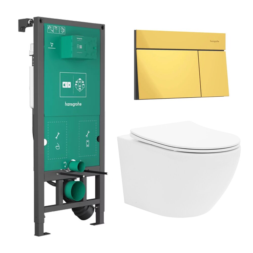 Вградена тоалетна резервоар Hansgrohe iFrame 112 cm с бутон iFrame Element E в лъскаво злато плюс тоалетна чиния Rune Ivaldi бяла с капак softclose