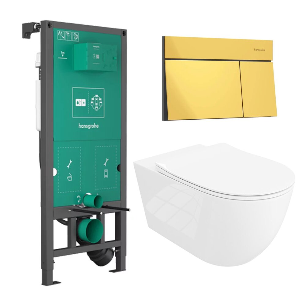 Вградена резервоар Hansgrohe iFrame 112 cm с клавиш iFrame Element златист гланц плюс тоалетна чиния Rune Ivaldi Grande бяла с капак softclose