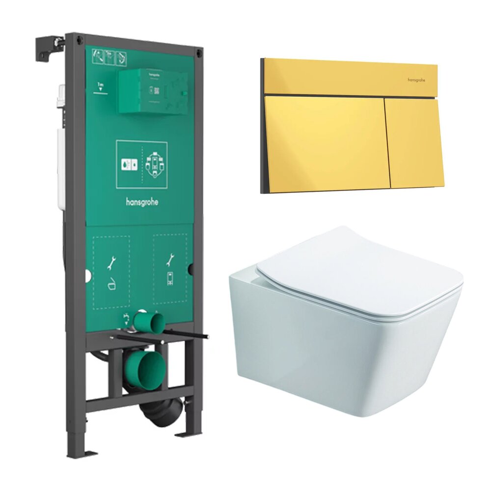 Вградена тоалетна резервоар Hansgrohe iFrame 112 cm с бутон iFrame Element E в лъскаво злато плюс тоалетна чиния Rune Jord бяла с капак softclose