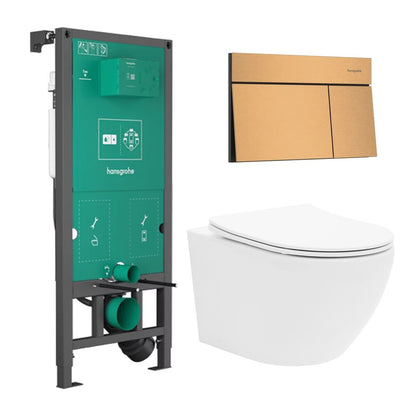 Вградена тоалетна резервоар Hansgrohe iFrame 112 cm с бутон iFrame Element E бронз перлат и тоалетна чиния Rune Ivaldi бяла с капак softclose
