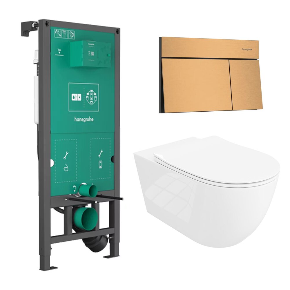 Вградена тоалетна чиния Hansgrohe iFrame 112 cm с бутон iFrame Element E бронз мат и тоалетна чиния Rune Ivaldi Grande бяла с капак softclose