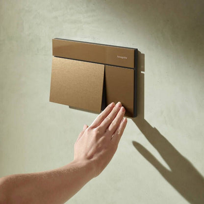 Вградена тоалетна резервоар Hansgrohe iFrame 112 cm с бутон iFrame Element E бронз перлат и тоалетна чиния Rune Jord бяла с капак softclose