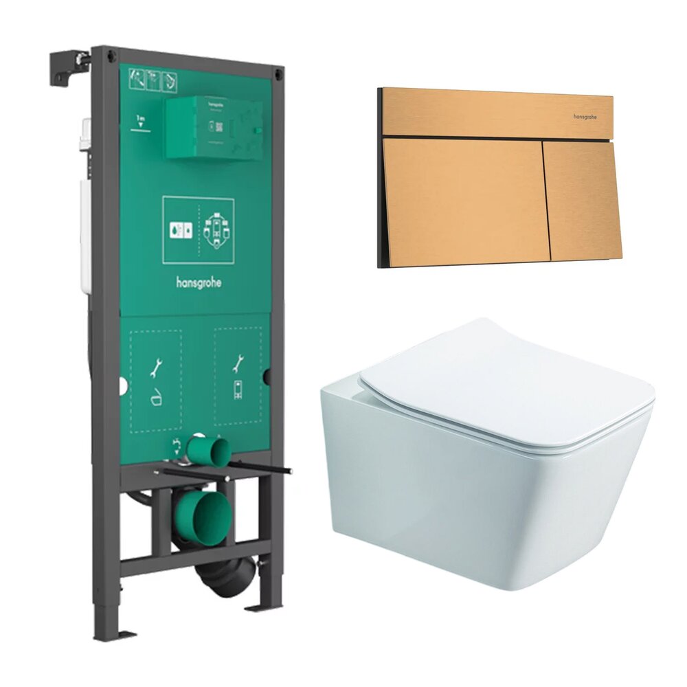 Вградена тоалетна резервоар Hansgrohe iFrame 112 cm с бутон iFrame Element E бронз перлат и тоалетна чиния Rune Jord бяла с капак softclose