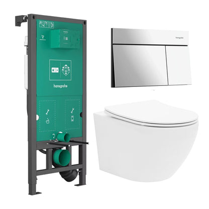 Вградена тоалетна резервоар Hansgrohe iFrame 112 cm с бутон iFrame Element E хром гланц плюс тоалетна чиния Rune Ivaldi бяла с капак softclose