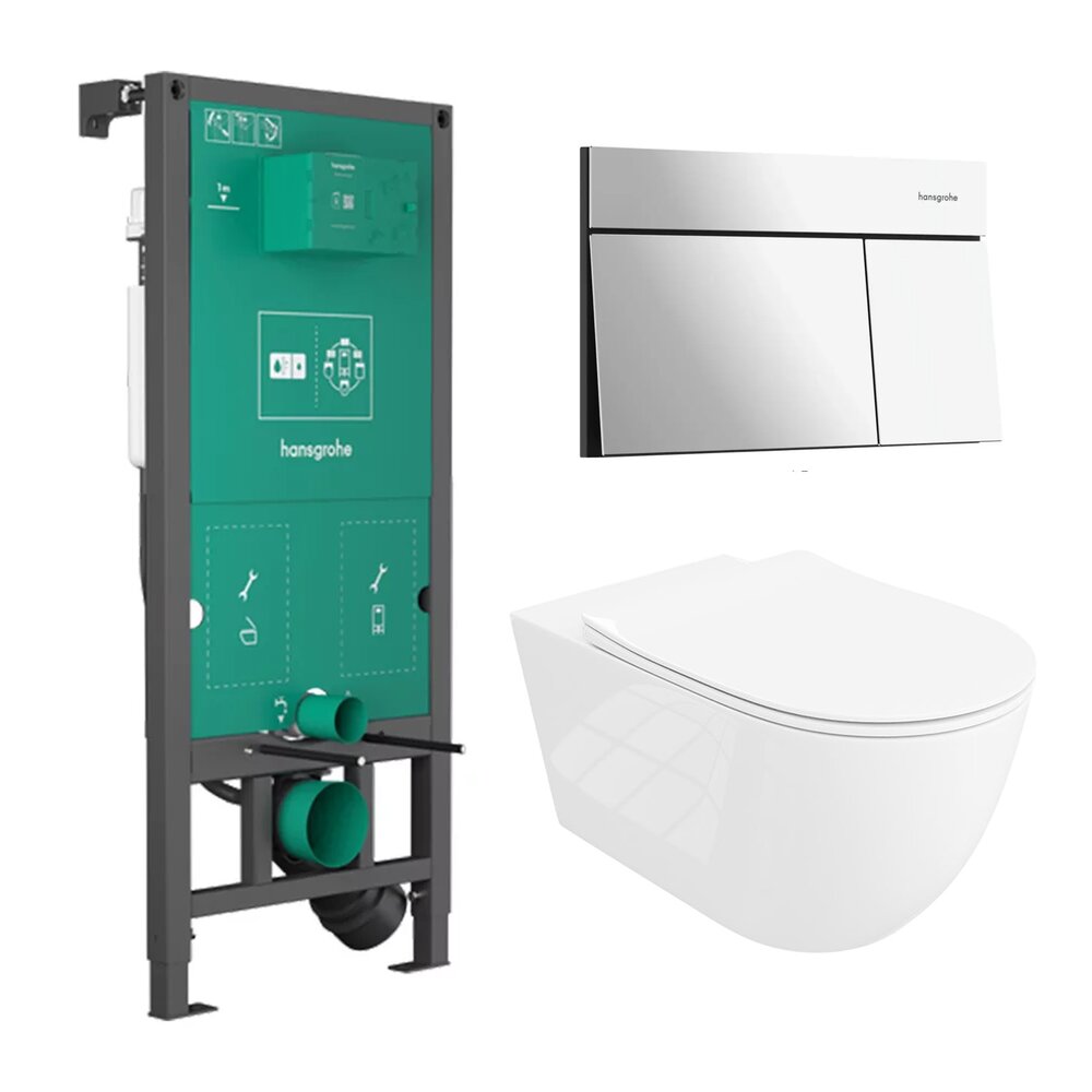Вграден резервоар Hansgrohe iFrame 112 cm с бутон iFrame Element E хром гланц плюс тоалетна Rune Ivaldi Grande бяла с капак softclose