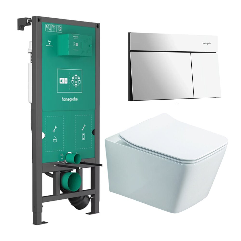 Вградена тоалетна резервоар Hansgrohe iFrame 112 cm с бутон iFrame Element E хром гланц плюс тоалетна чиния Rune Jord бяла с капак softclose