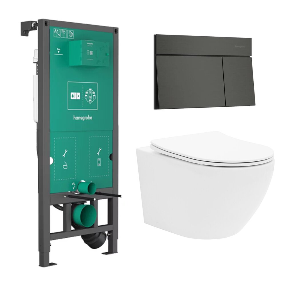 Вградена тоалетна резервоар Hansgrohe iFrame 112 cm с черна матова клавиша iFrame Element E и тоалетна чиния Rune Ivaldi бяла с капак softclose