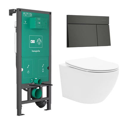Вградена тоалетна резервоар Hansgrohe iFrame 112 cm с черна матова клавиша iFrame Element E и тоалетна чиния Rune Ivaldi бяла с капак softclose