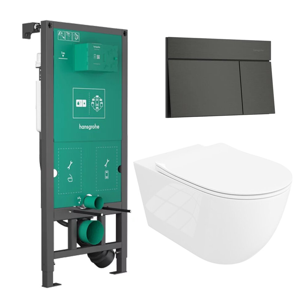 Вграден резервоар Hansgrohe iFrame 112 cm с бутон iFrame Element E черен мат плюс тоалетна чиния Rune Ivaldi Grande бяла с капак softclose