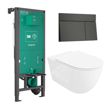 Вграден резервоар Hansgrohe iFrame 112 cm с бутон iFrame Element E черен мат плюс тоалетна чиния Rune Ivaldi Grande бяла с капак softclose