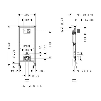 Вградена резервоар Hansgrohe iFrame 112 cm за окачен тоалетен чиния и бутон iFrame Element E матово бяло