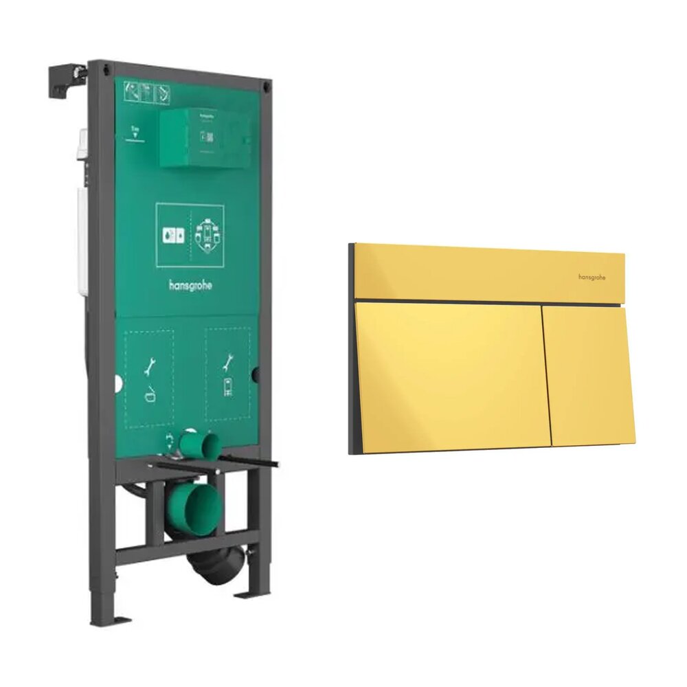 Вградена резервоар Hansgrohe iFrame 112 cm за окачена тоалетна и бутон iFrame Element E в лъскаво злато