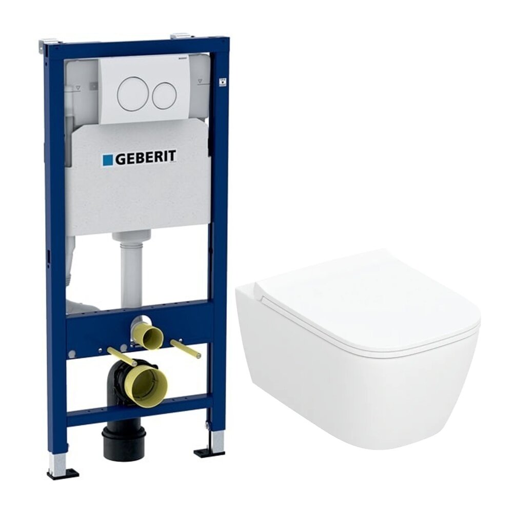 Резервоар за WC с вградено шаси Geberit Duofix с бяла бутон Delta20 и стенен WC Smyle TurboFlush бял с капак softclose