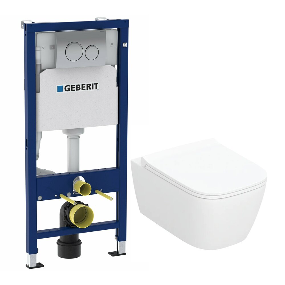 Резервоар за тоалетна с вградено шаси Geberit Duofix с хромирана клавиша Delta20 и окачена тоалетна чиния Smyle TurboFlush бяла с капак softclose