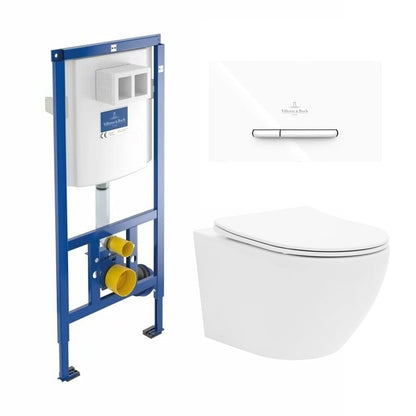 Резервоар за WC с вградено шаси Villeroy&Boch 112 cm с бутон ViConnect 300S бял плюс тоалетна Rune Ivaldi бяла с капак softclose