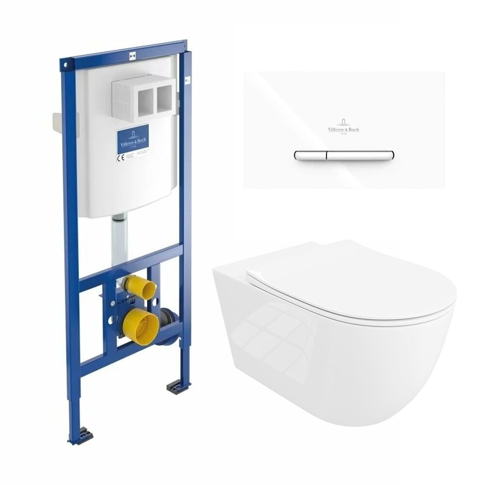 Резервоар за тоалетна с вградено шаси Villeroy&Boch 112 cm с бутон ViConnect 300S бял плюс тоалетна чиния Rune Ivaldi Grande бяла с капак softclose