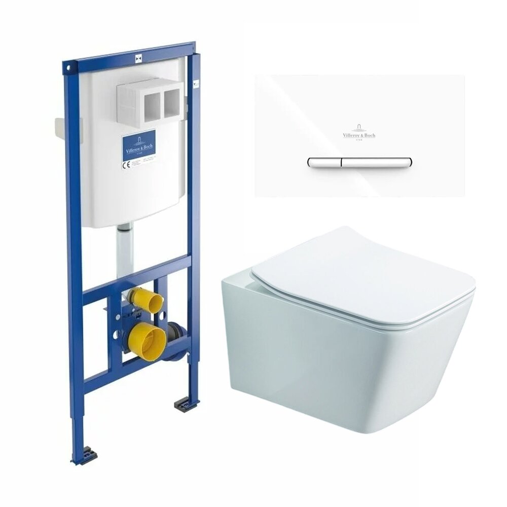 Резервоар за тоалетна с вградено шаси Villeroy&Boch 112 cm с бутон ViConnect 300S бял плюс тоалетна чиния Rune Jord бяла с капак softclose