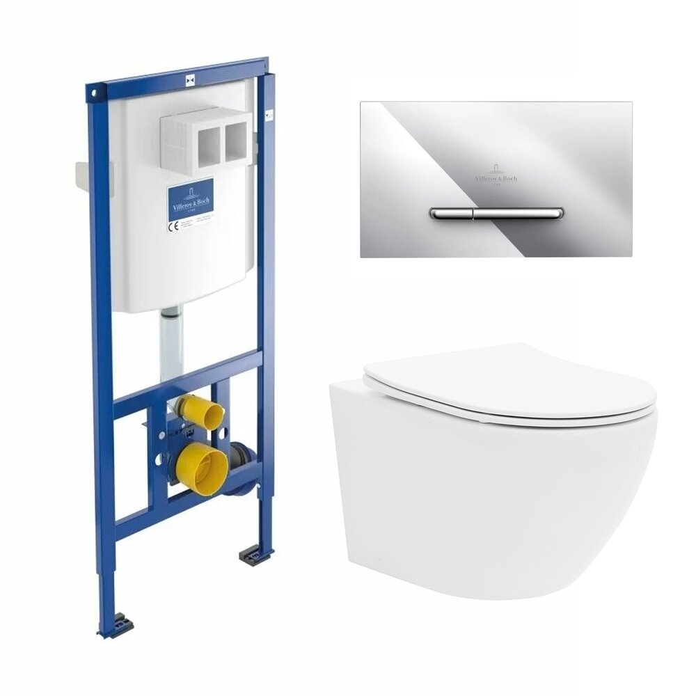 Резервоар за тоалетна с вградена рамка Villeroy&Boch 112 cm с бутон ViConnect хром плюс тоалетна чиния Rune Ivaldi бяла с капак softclose