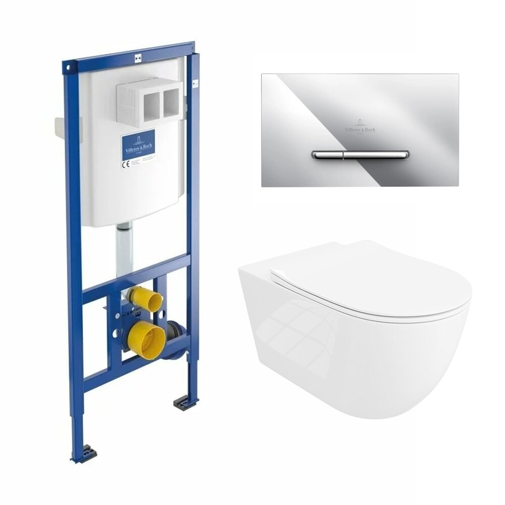 Резервоар за тоалетна с вградена рамка Villeroy&Boch 112 cm с хромирана бутон ViConnect и тоалетна чиния Rune Ivaldi Grande бяла с капак softclose