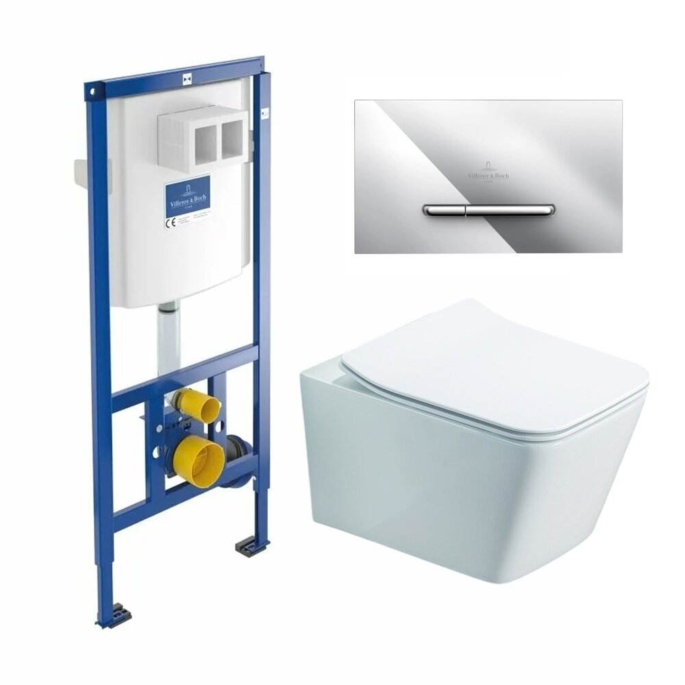 Резервоар за WC с вградено шаси Villeroy&Boch 112 cm с хромирана клавиша ViConnect и тоалетна чиния Rune Jord бяла с капак softclose