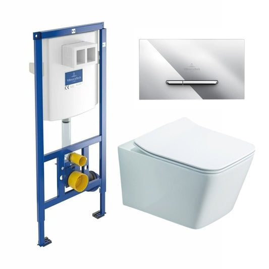 Резервоар за WC с вградено шаси Villeroy&Boch 112 cm с хромирана клавиша ViConnect и тоалетна чиния Rune Jord бяла с капак softclose