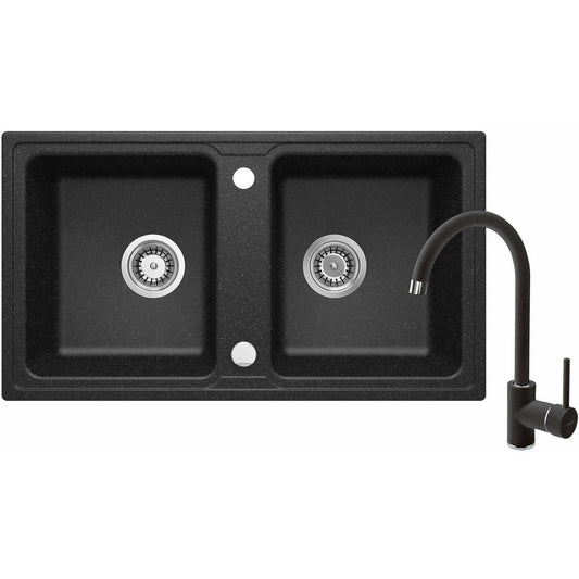 Deante Zorba Kitchen Sink Set with 2 Bowls and Faucet Black-Graphite Finish 78x44cm