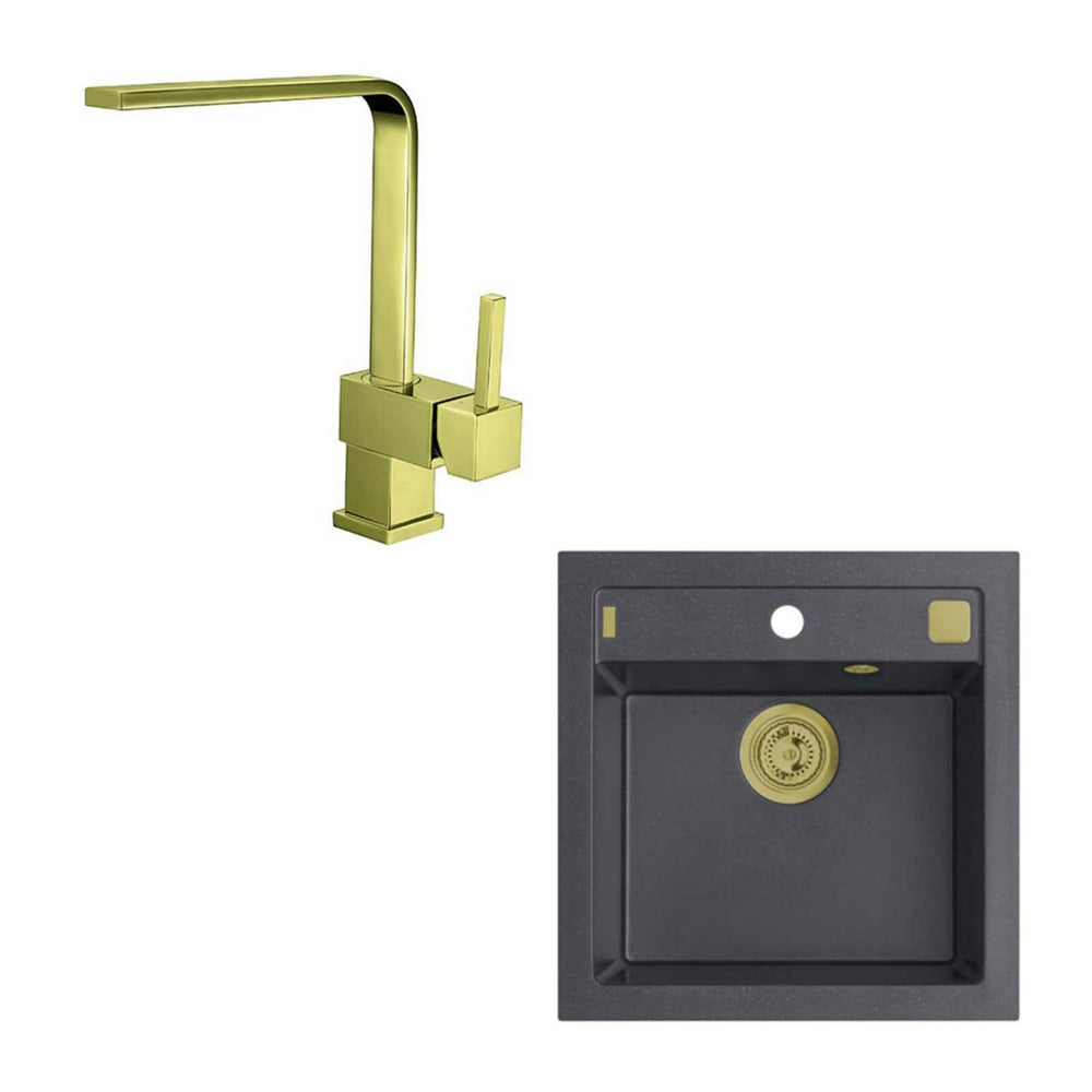 Alveus Formic 20 Black Kitchen Sink 52x51 cm and Laguna Monarch Gold Faucet Set
