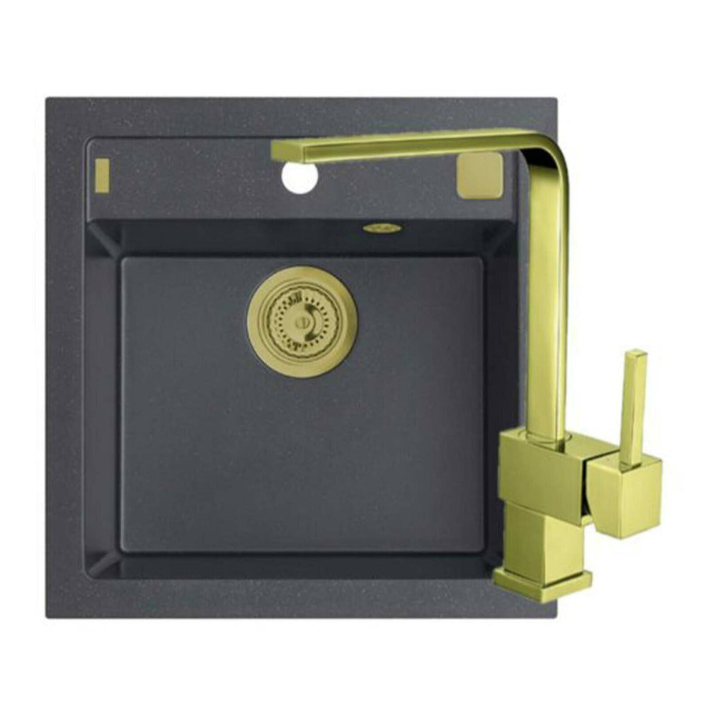 Alveus Formic 20 Black Kitchen Sink 52x51 cm and Laguna Monarch Gold Faucet Set