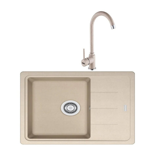 Комплект мивка за кухня композит Franke Basis Avena 1 с 1/2 купа и отцеждач 78x50 cm матово бежово с батерия Pola