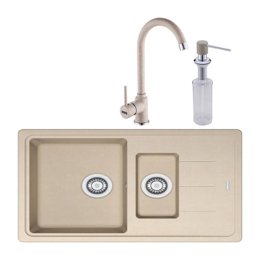 Комплект мивка за кухня композит Franke Basis Avena 1 чаша 1/2 с отцеждач 78x50 cm матово бежово с батерия Pola и дозатор за препарат