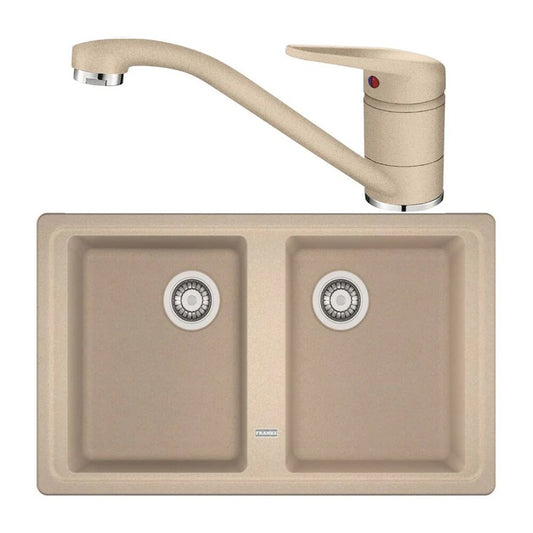 Комплект мивка за кухня композит Franke Basis Avena 2 чаши без отцеждач 86x50 cm матово бежово с батерия Novara Plus