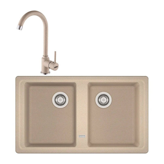 Комплект мивка за кухня композит Franke Basis Avena 2 чаши без отцеждане 86x50 cm матово бежово покритие с батерия Pola