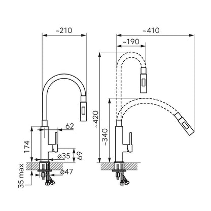 Ferro Reversible Gray Kitchen Sink Set with Zumba 2F Faucet