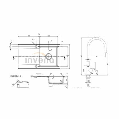 Комплект мивка за кухня Invena Tesalia и батерия Joga, черен - хром 76x44 см