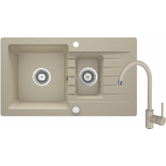 Kitchen sink and faucet set Deante Zorba beige finish 2 bowls 76x44cm