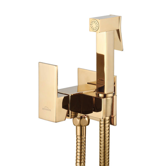 Golden hygienic shower with mixer Invena Bidetta with straight lines