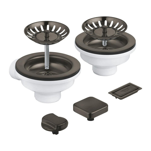 Drain Set with Button Ornament for Double Sink Grohe Matte Graphite