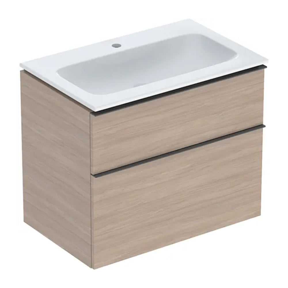Geberit iCon Wall-Mounted Base Cabinet Set with Oak Finish, 2 Drawers and White Sink, 75 cm
