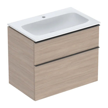 Geberit iCon Wall-Mounted Base Cabinet Set with Oak Finish, 2 Drawers and White Sink, 75 cm