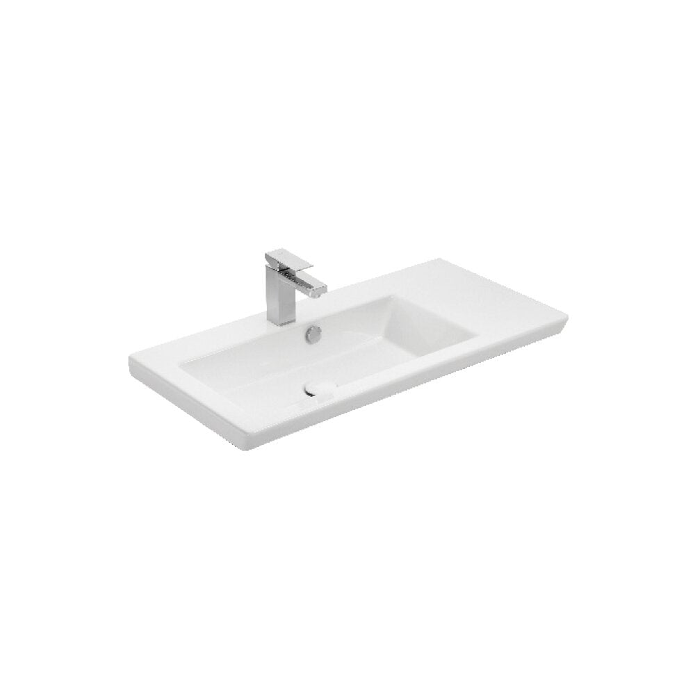 Brown Wall-Hung Base Cabinet and White Sink Drop Luxus 85 cm