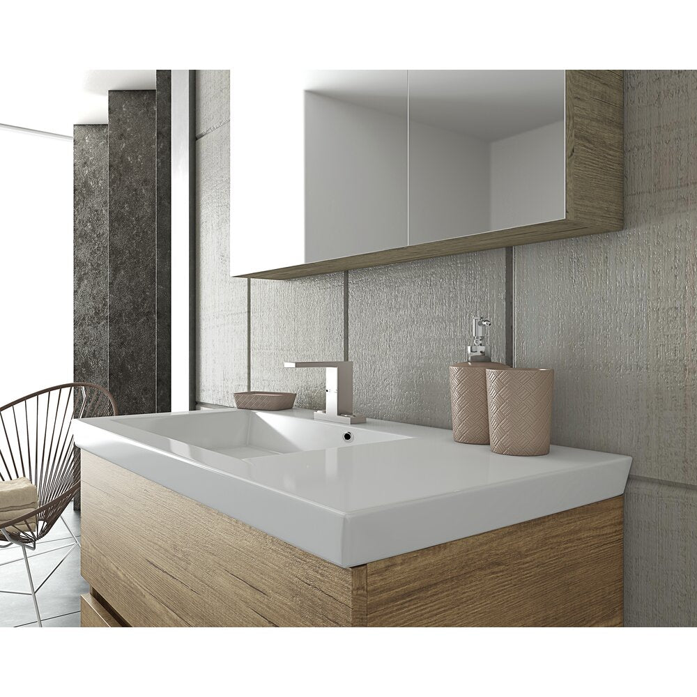 Brown Wall-Hung Base Cabinet and White Sink Drop Luxus 85 cm