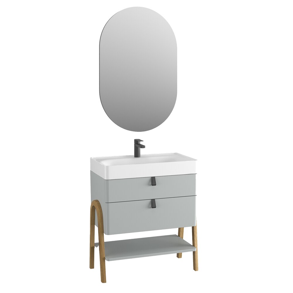 Floor cabinet set light gray Krofam Moss 70 cm, built-in sink Krofam Moss 70 cm and mirror