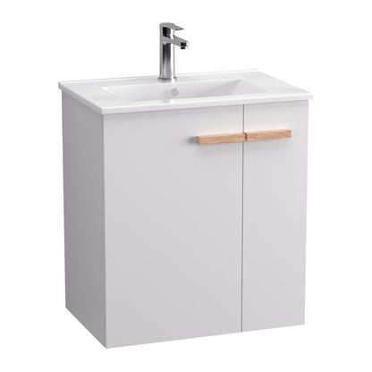 Комплект бял окачен шкаф Krofam e-L_WOOD 59 см, умивалник вграден Krofam e-L_WOOD 60 см и огледало